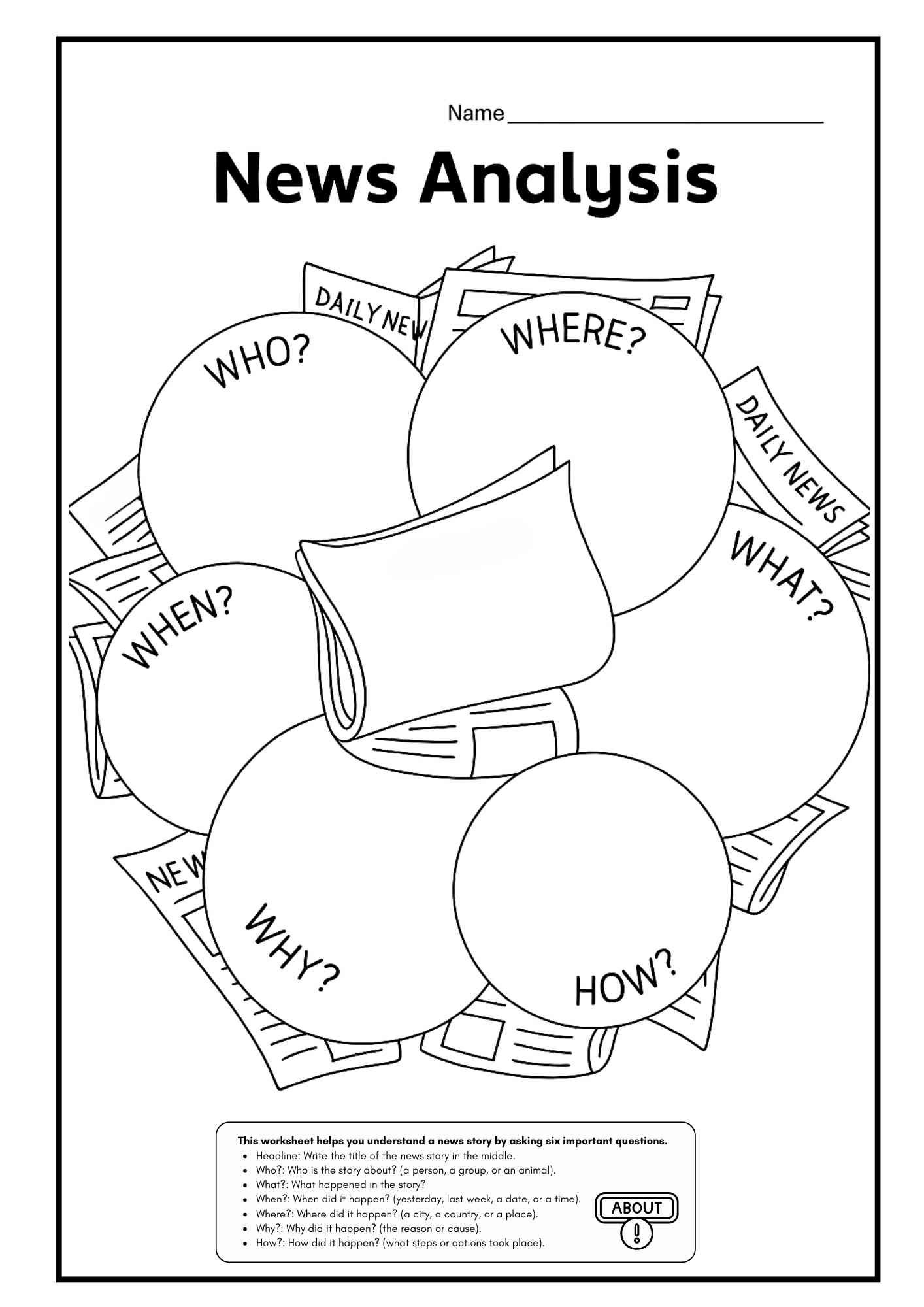 Preview of News Analysis Worksheet for Kids – 5 W’s + How Printable