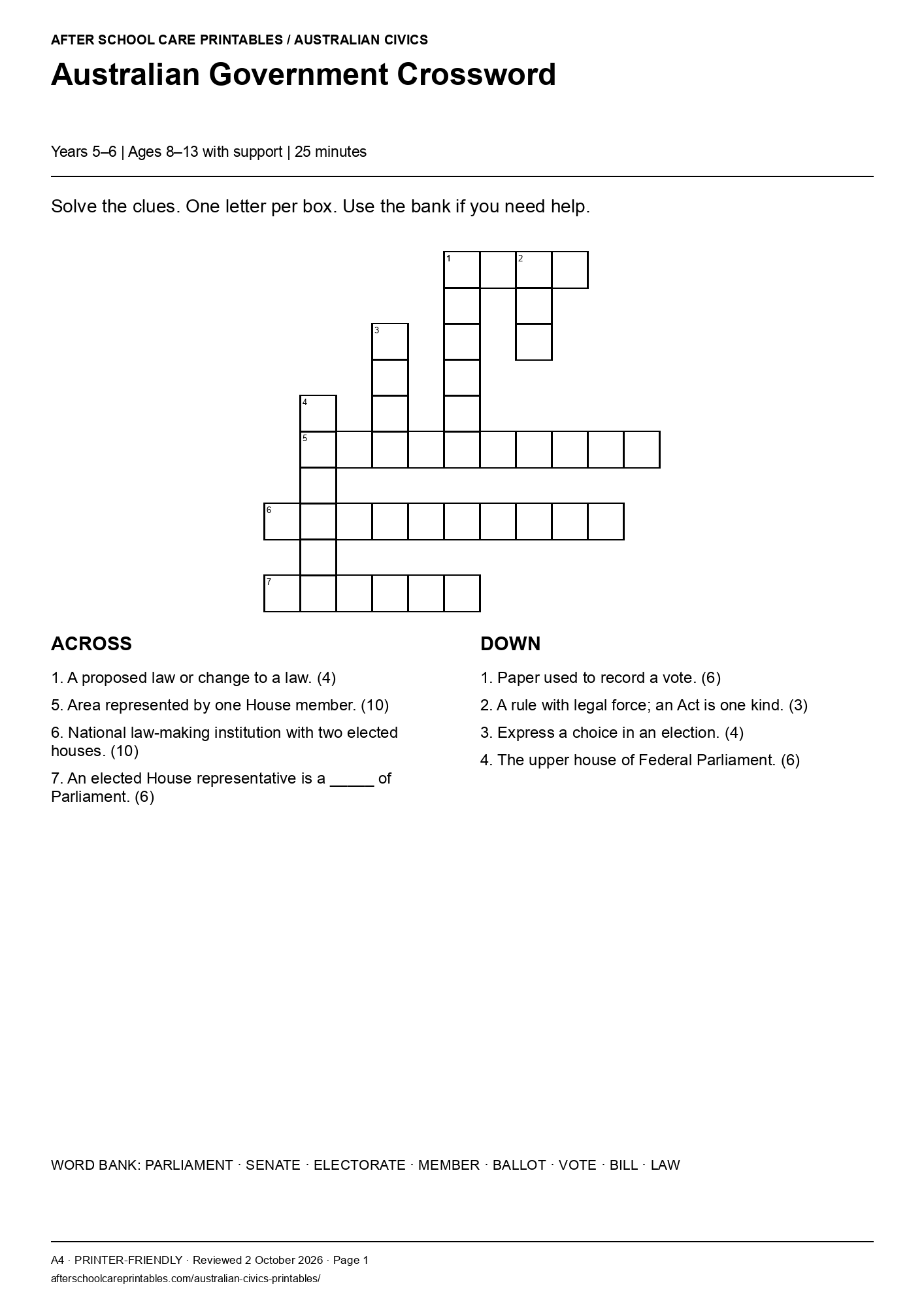 Australian Government Crossword printer-friendly first student page