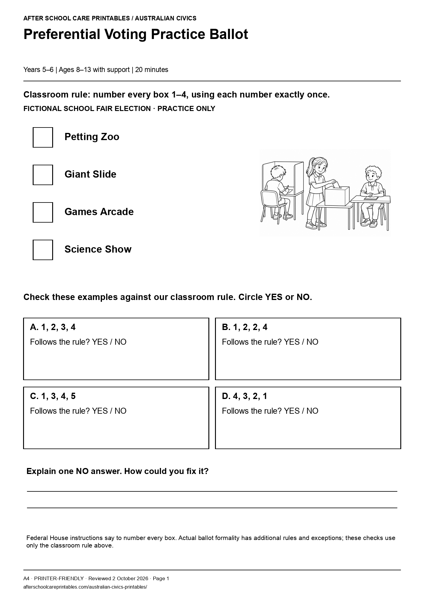 Preferential Voting Practice Ballot printer-friendly first student page