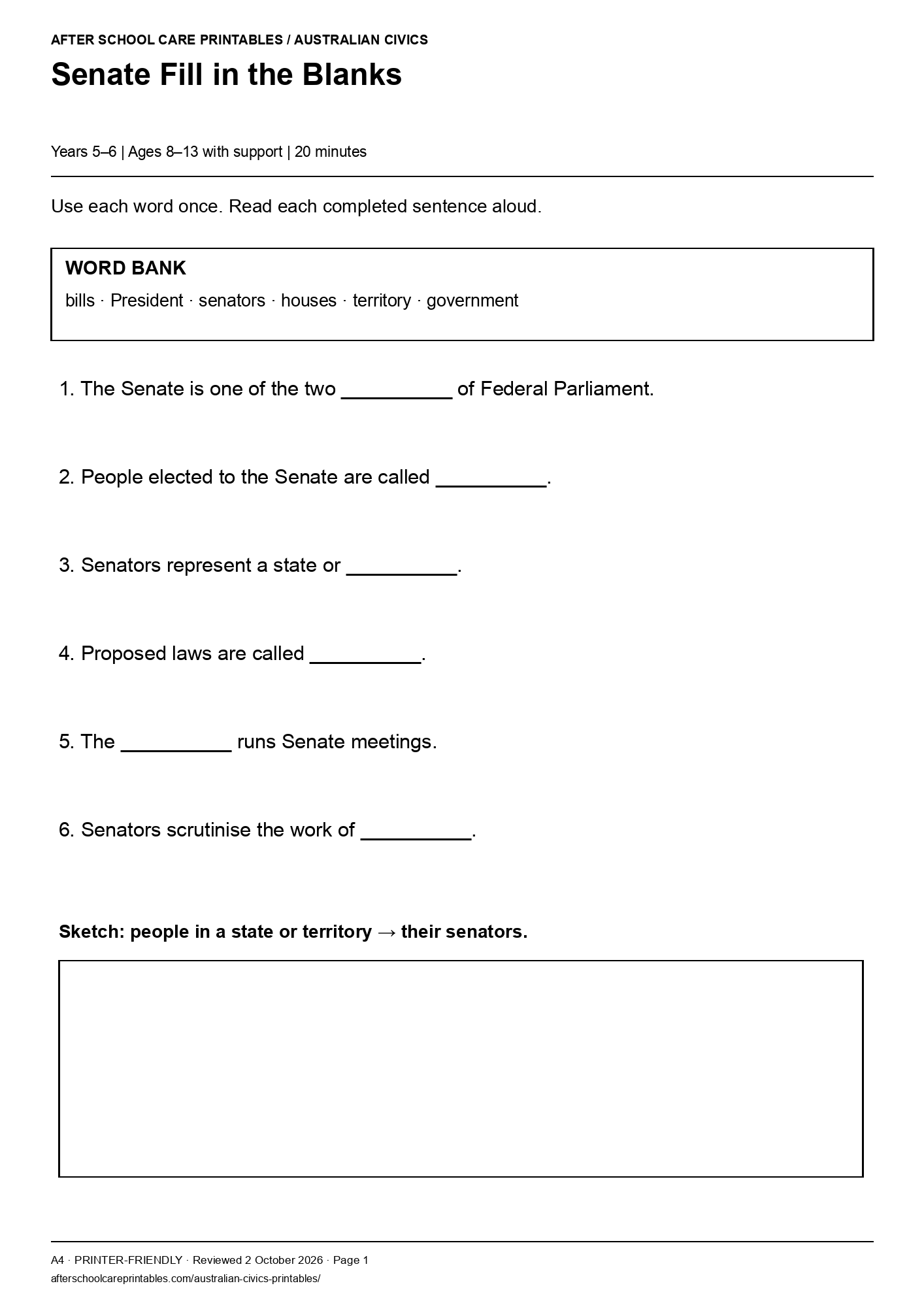 Senate Fill in the Blanks printer-friendly first student page