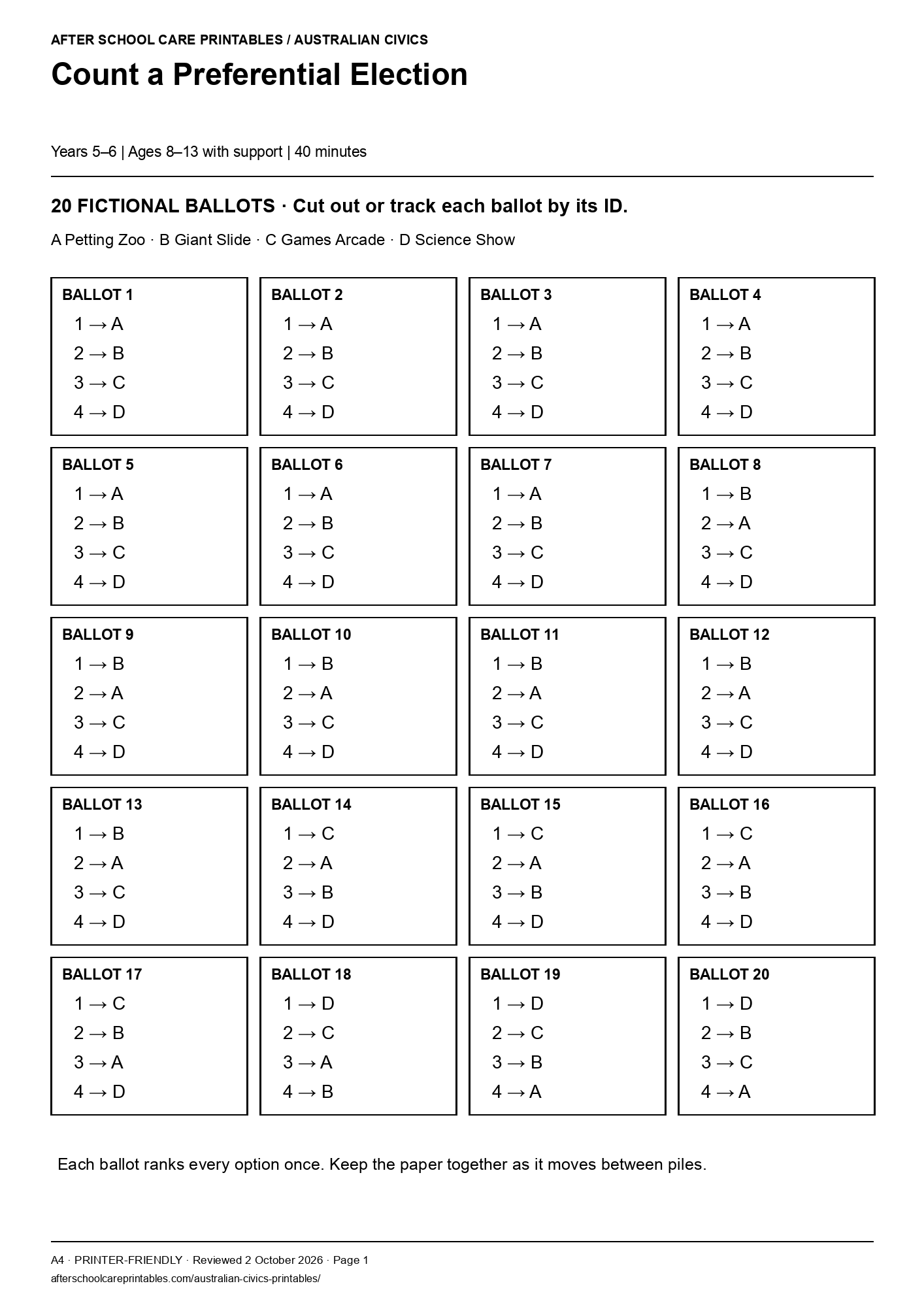 Count a Preferential Election printer-friendly first student page
