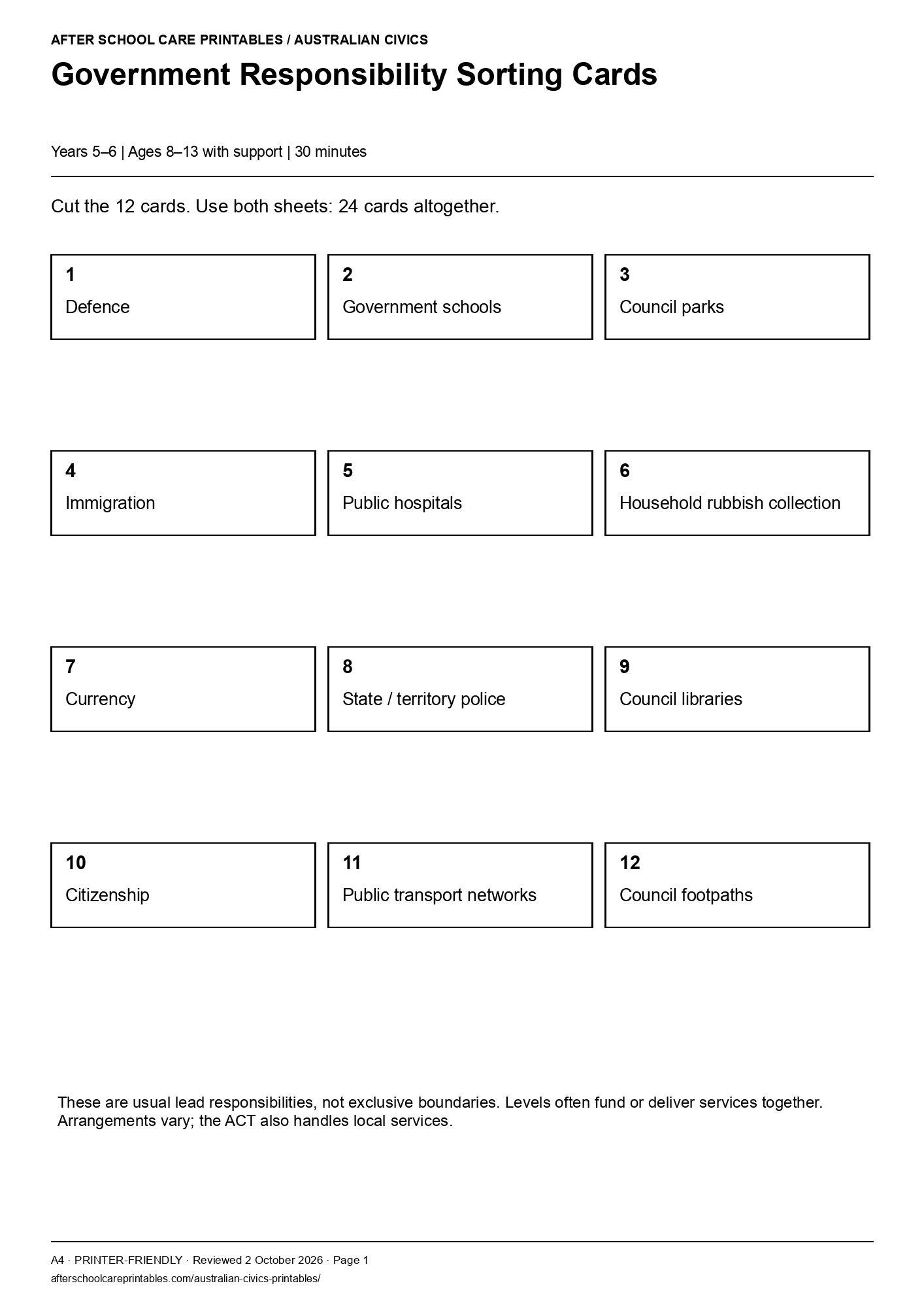 Government Responsibility Sorting Cards printer-friendly first student page
