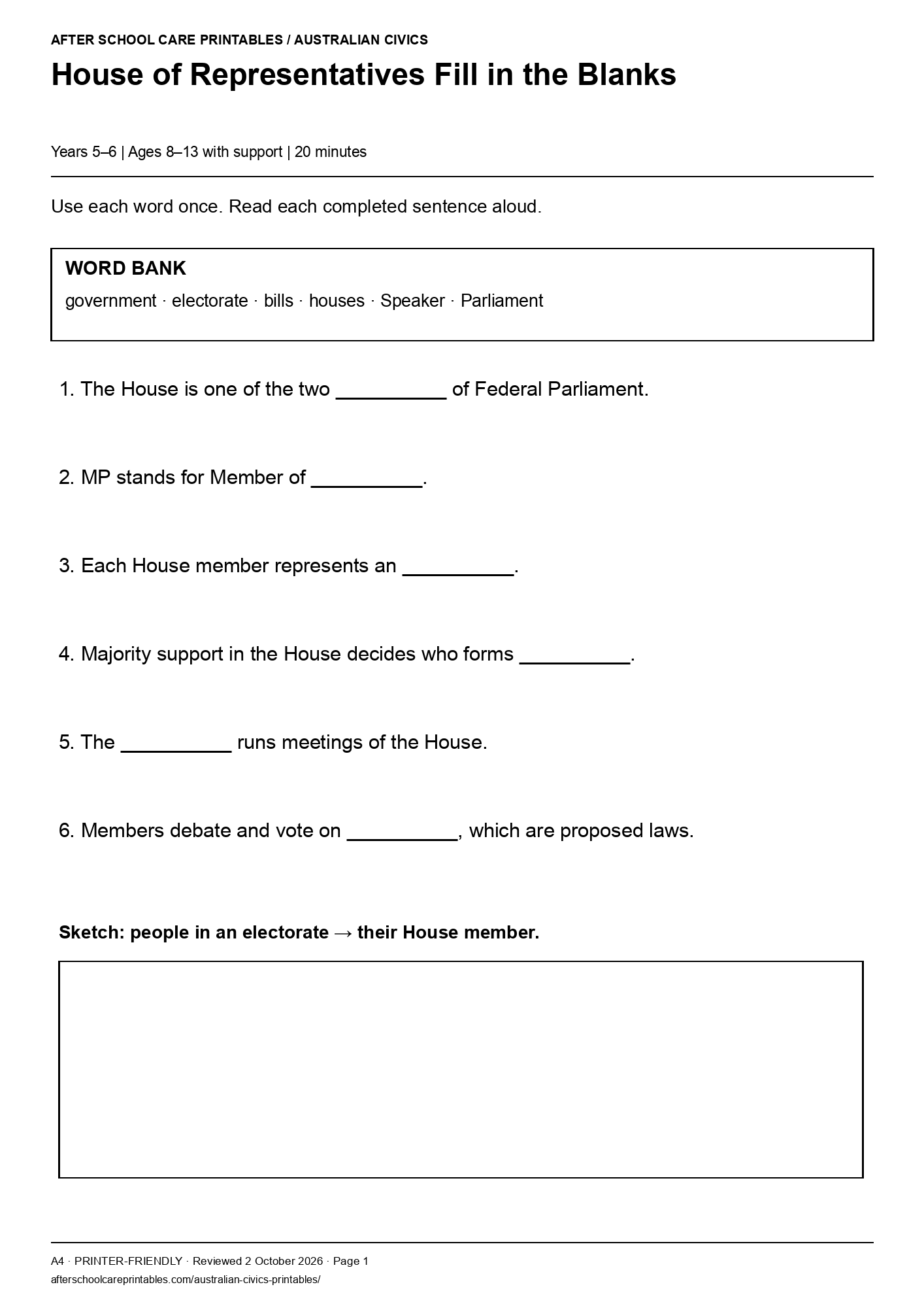 House of Representatives Fill in the Blanks printer-friendly first student page