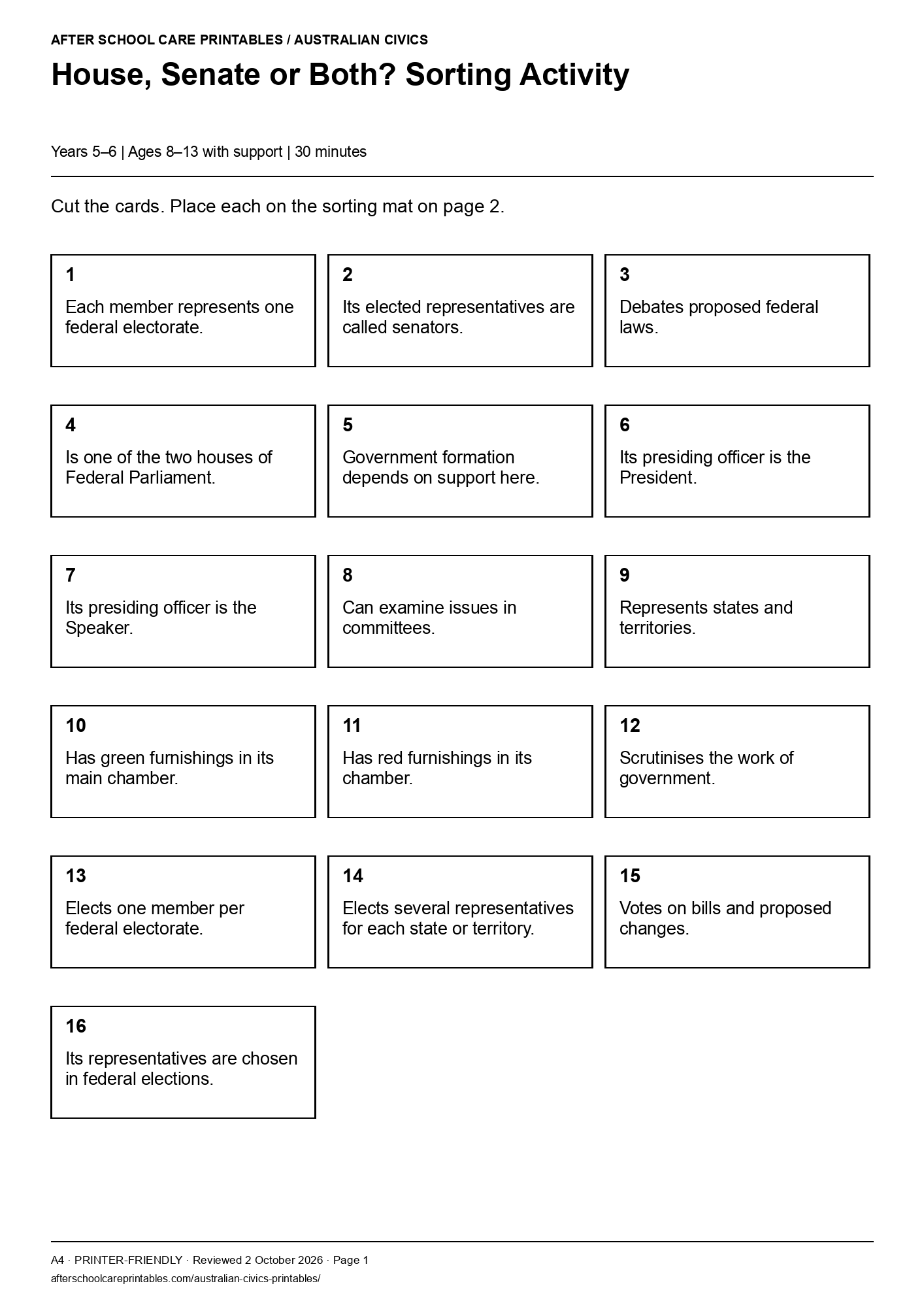 House, Senate or Both? Sorting Activity printer-friendly first student page