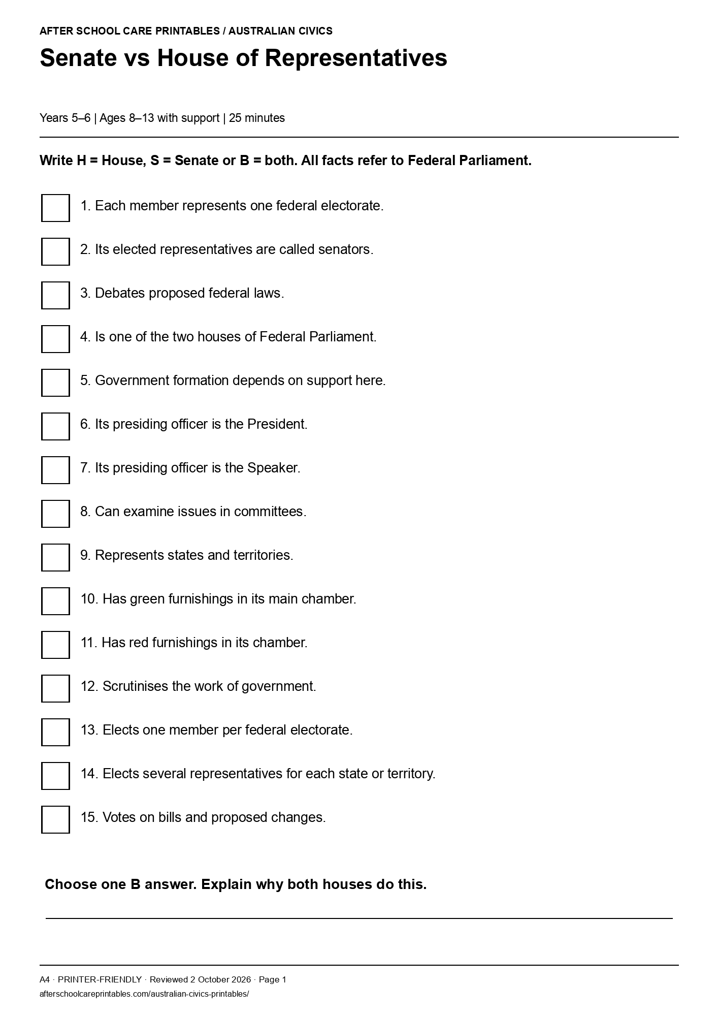 Senate vs House of Representatives printer-friendly first student page