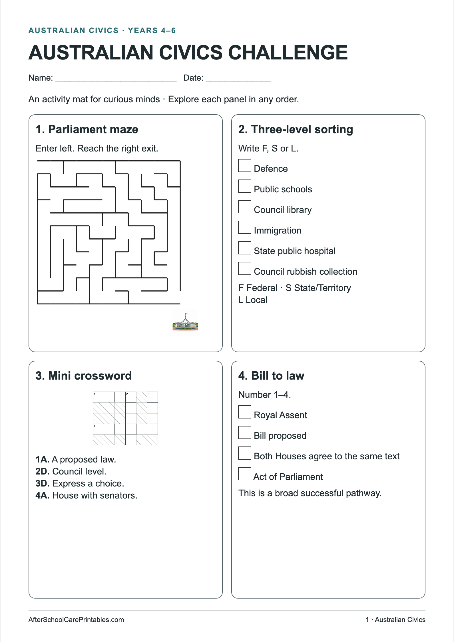 Australian Civics Activity Mat printer-friendly first student page