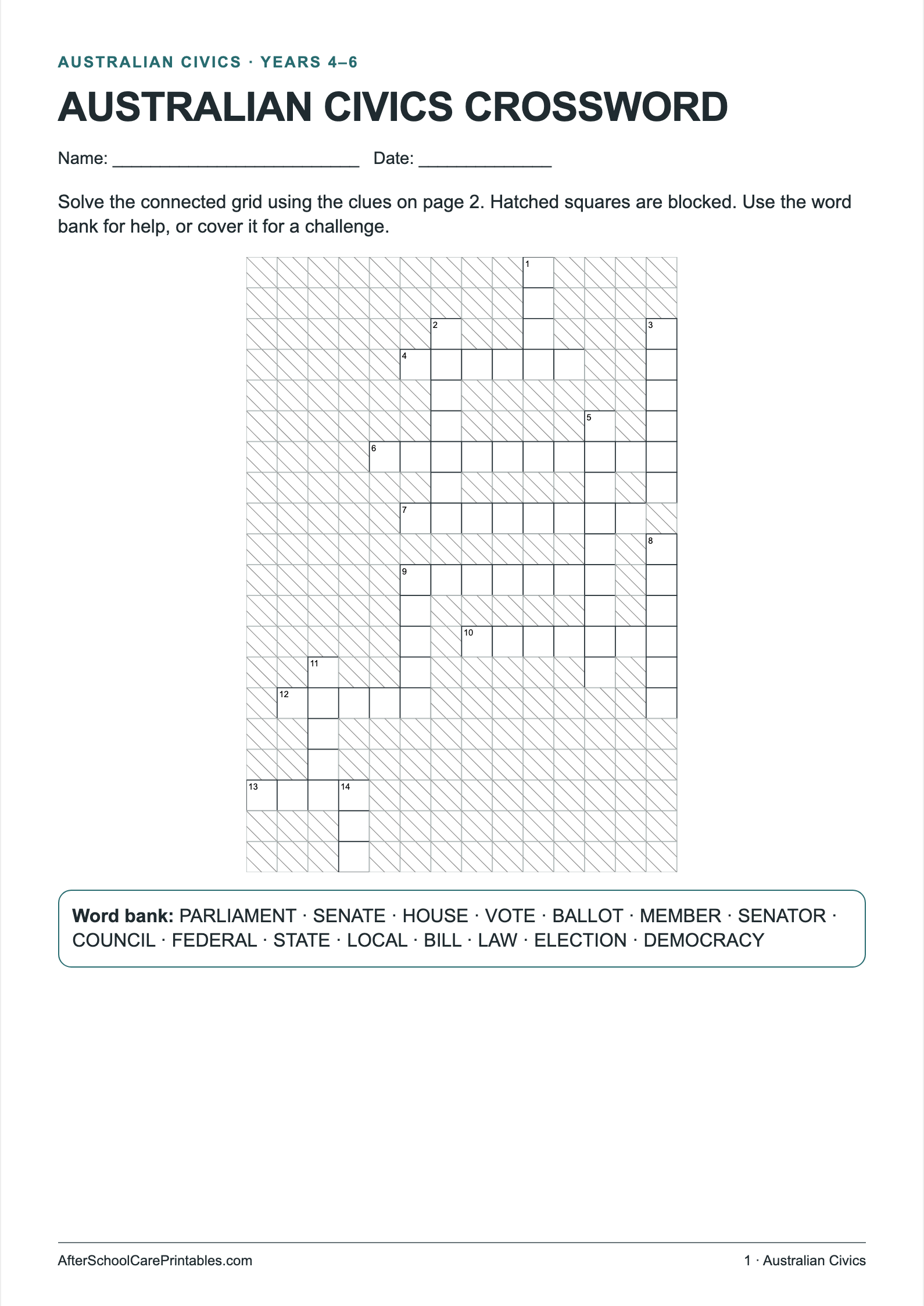 Australian Civics Crossword printer-friendly first student page