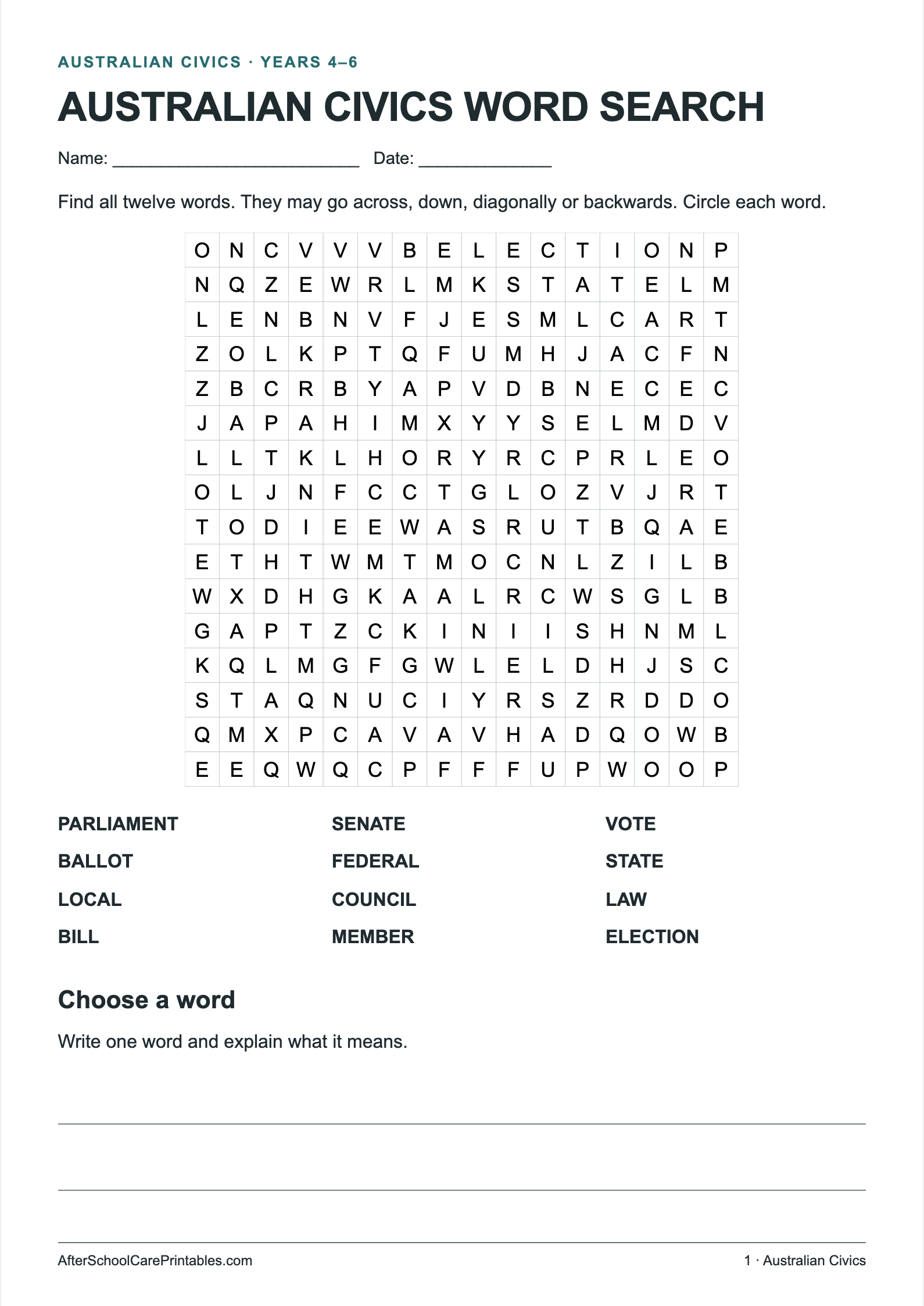Australian Civics Word Search printer-friendly first student page