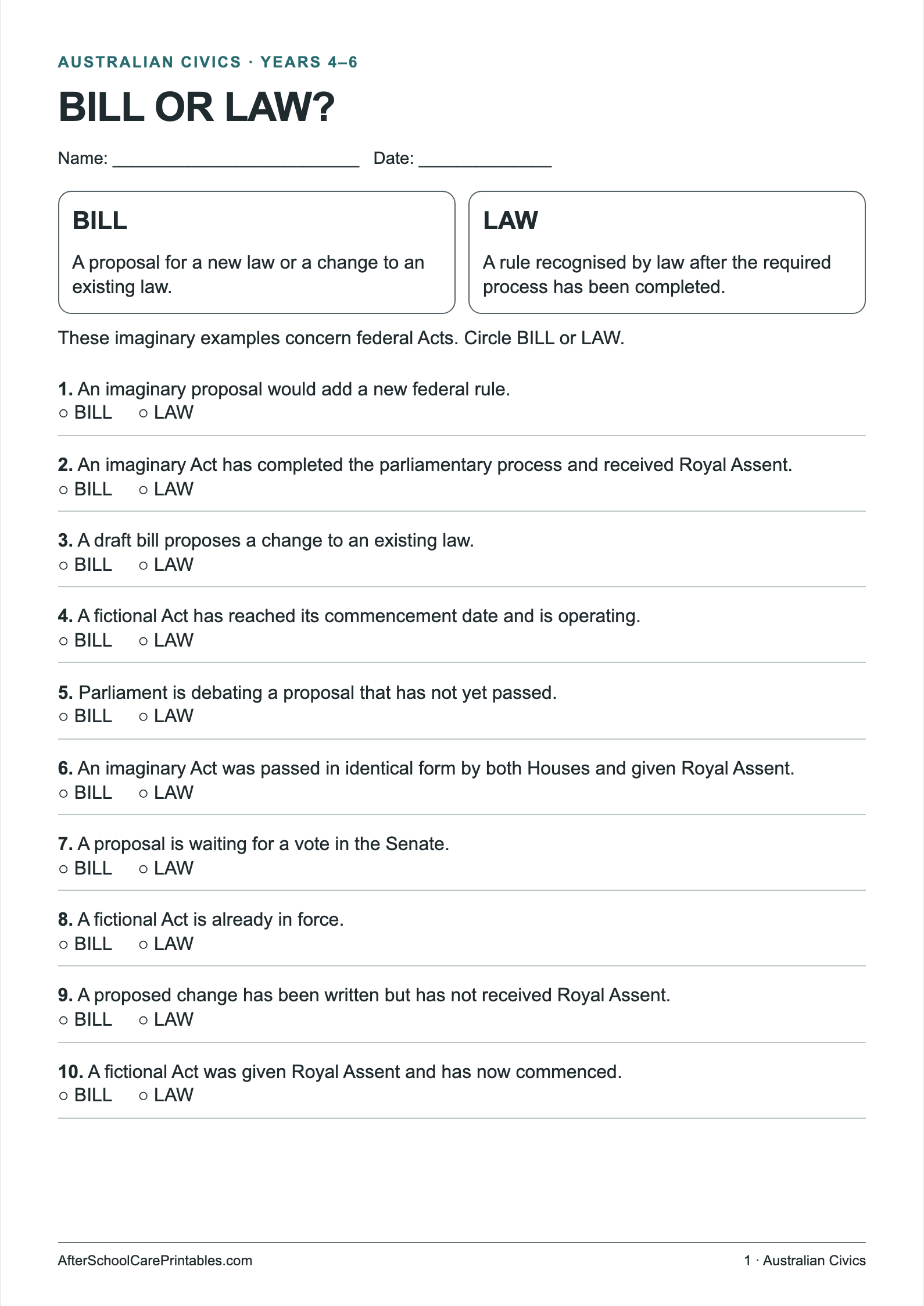 Bill or Law? printer-friendly first student page