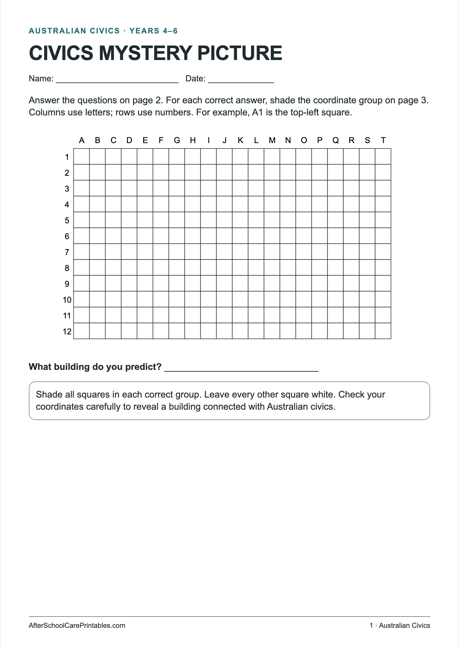 Civics Mystery Picture printer-friendly first student page