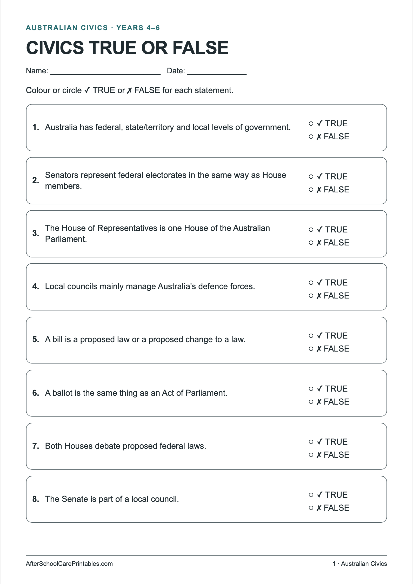 Civics True or False printer-friendly first student page