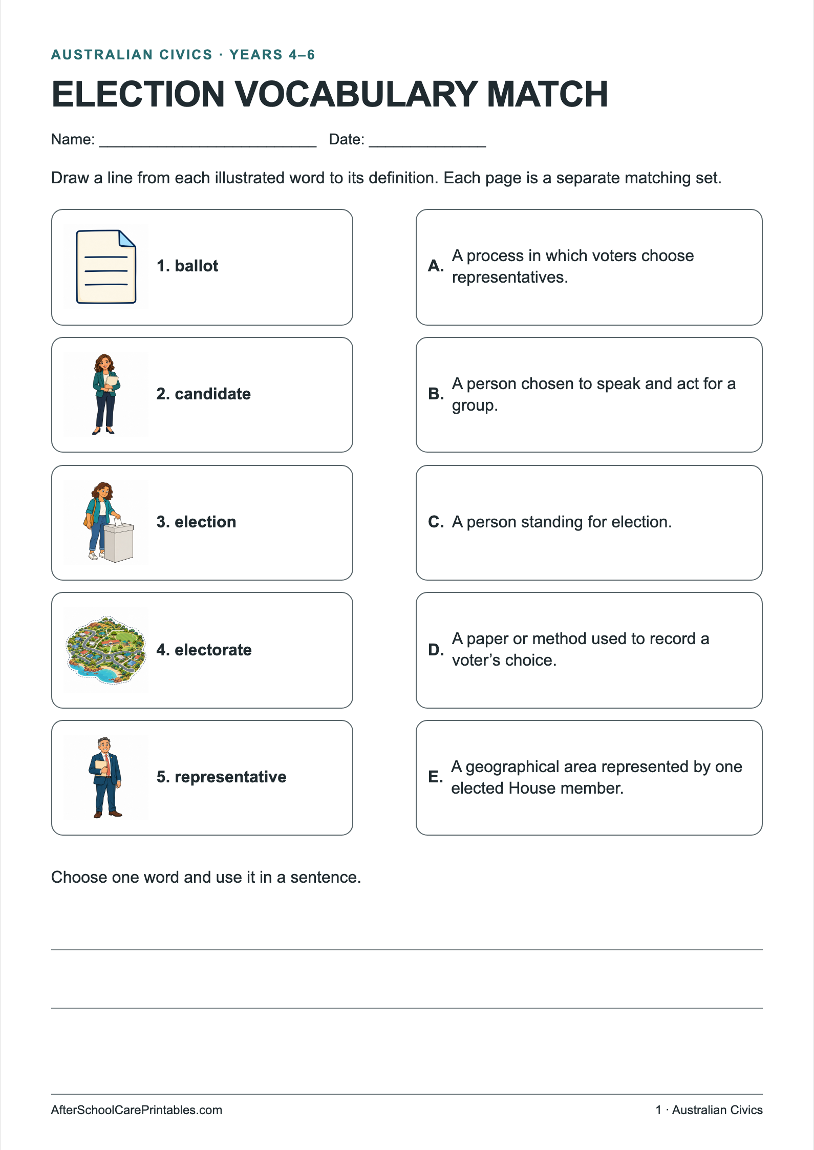 Election Vocabulary Match printer-friendly first student page