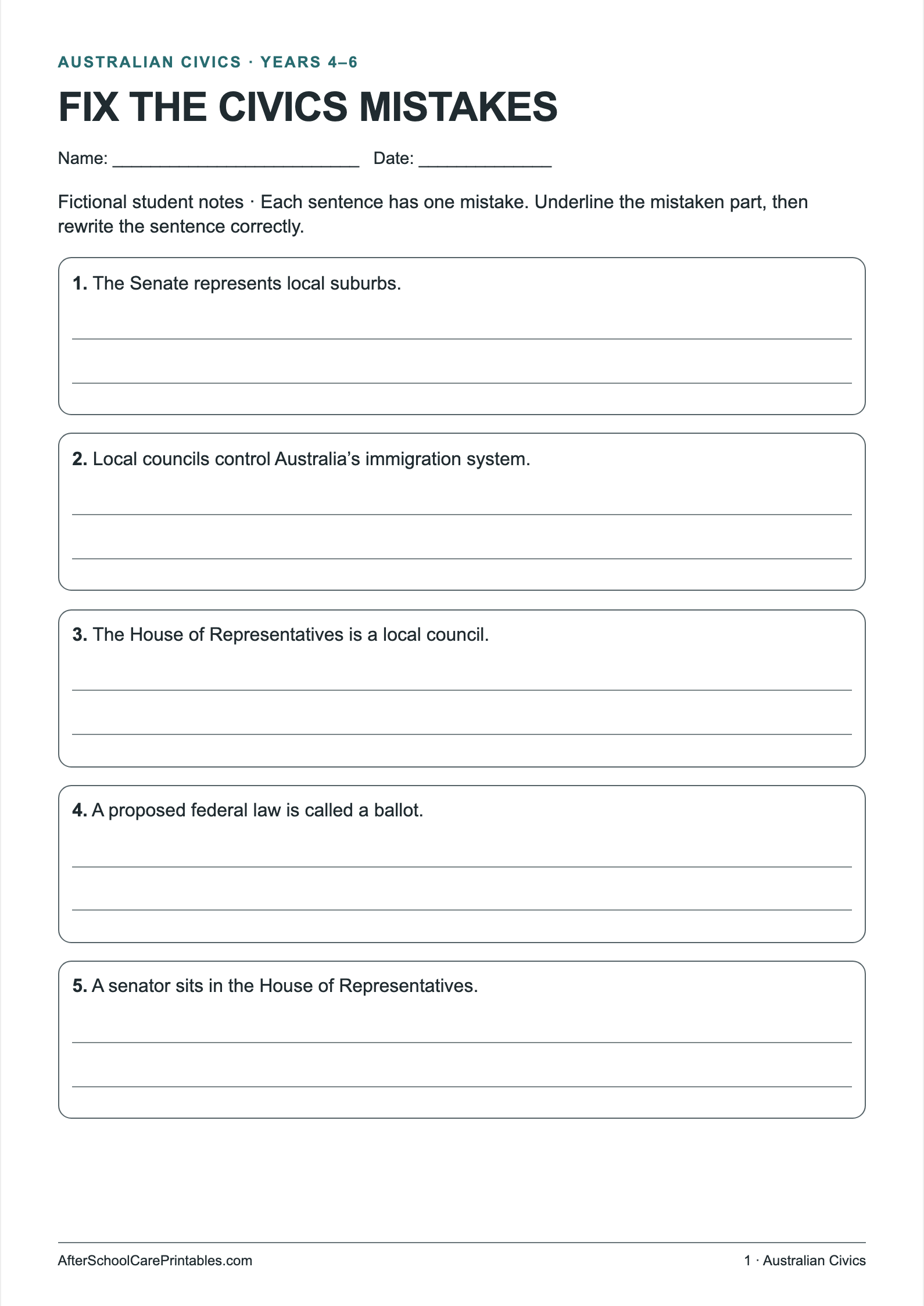 Fix the Civics Mistakes printer-friendly first student page