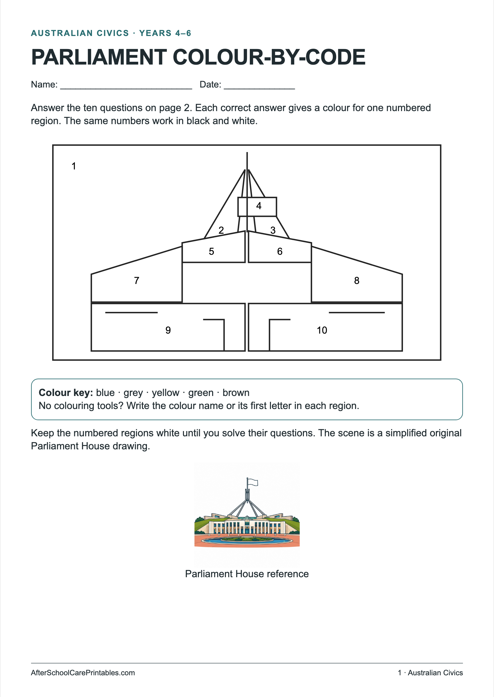 Parliament Vocabulary Colour-by-Code printer-friendly first student page