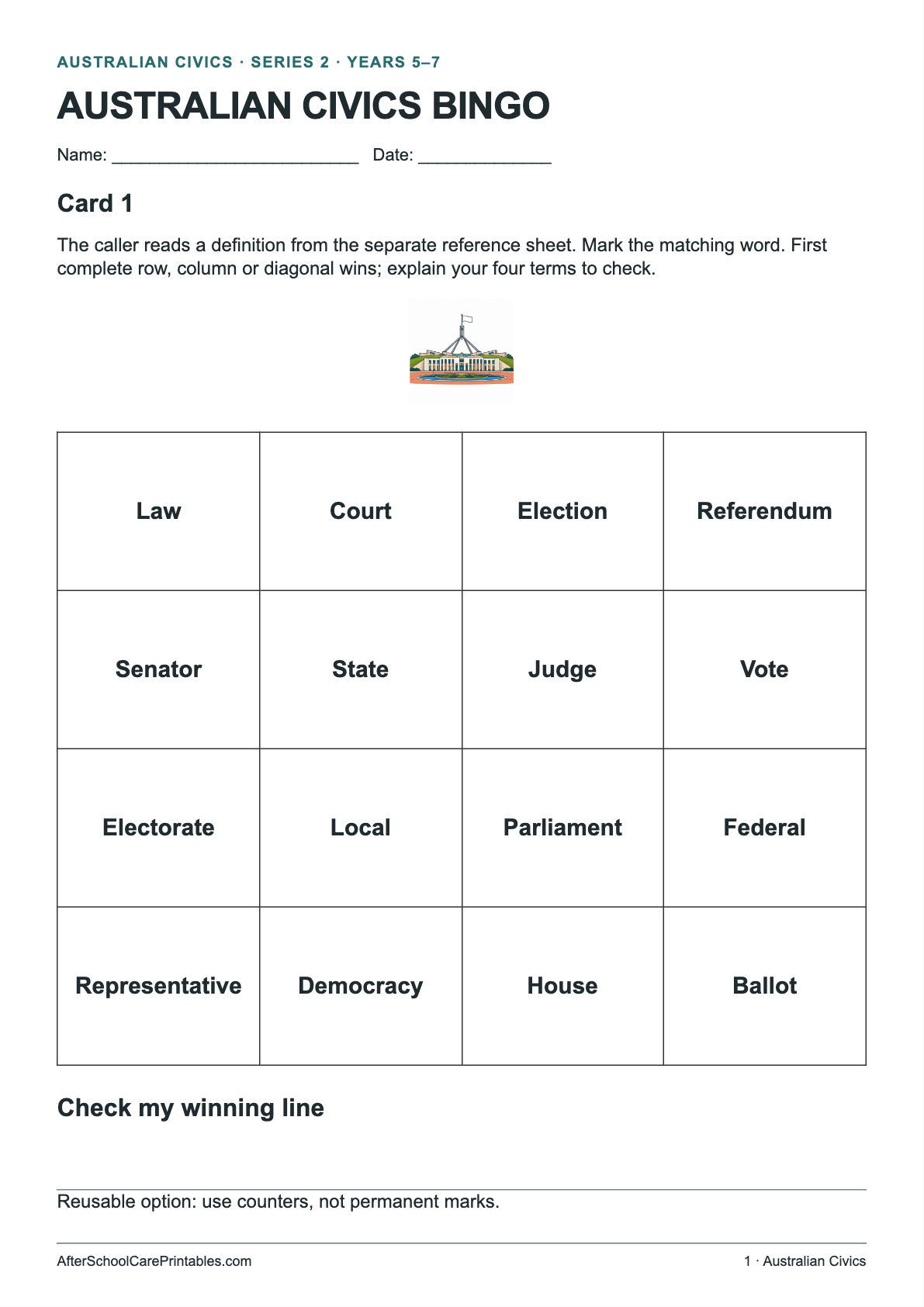 Australian Civics Bingo printer-friendly first student page