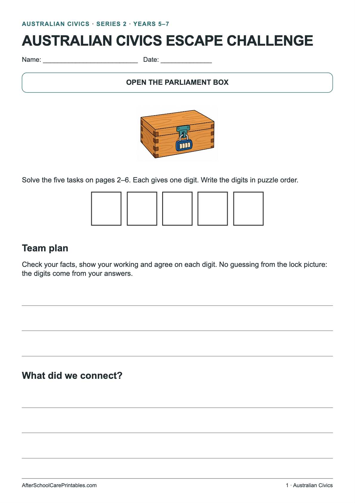 Australian Civics Escape Challenge printer-friendly first student page