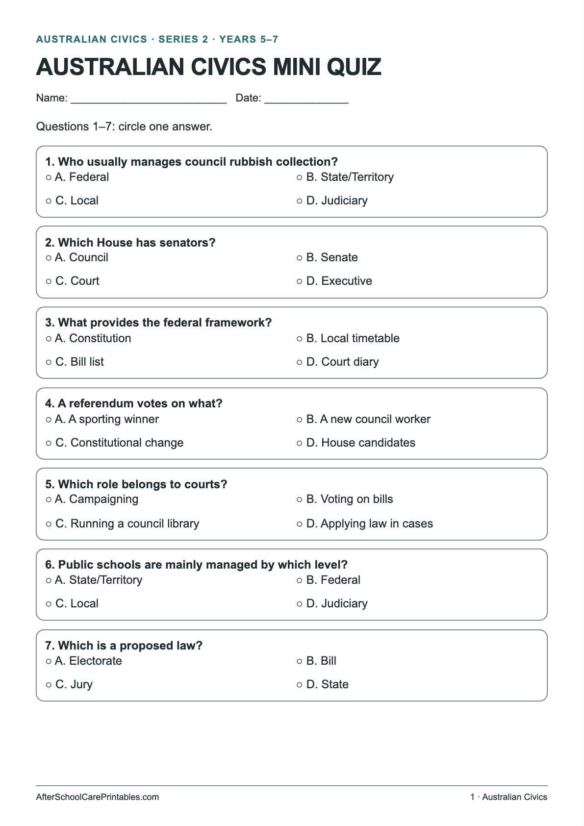 Australian Civics Mini Quiz printer-friendly first student page