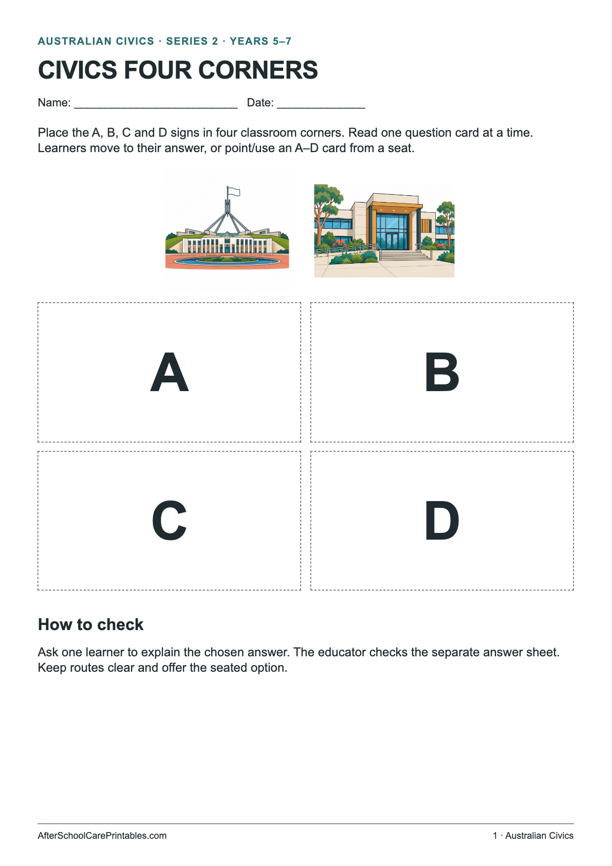 Civics Four Corners printer-friendly first student page