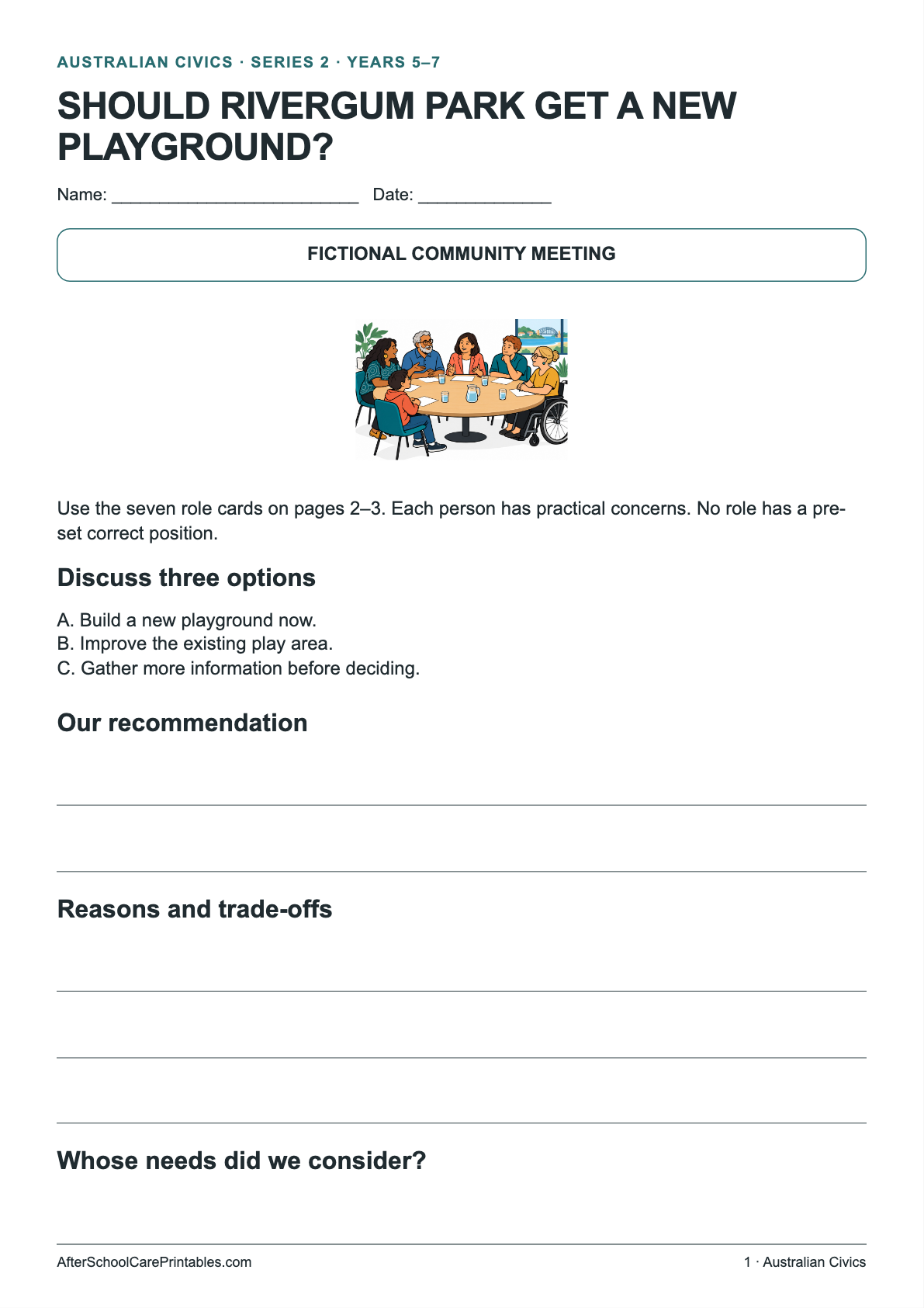 Community Meeting Role Play printer-friendly first student page