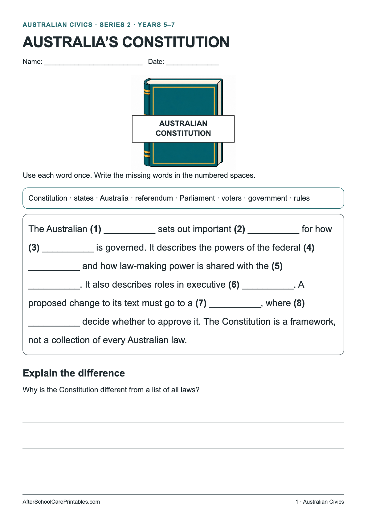 Constitution Fill in the Blanks printer-friendly first student page