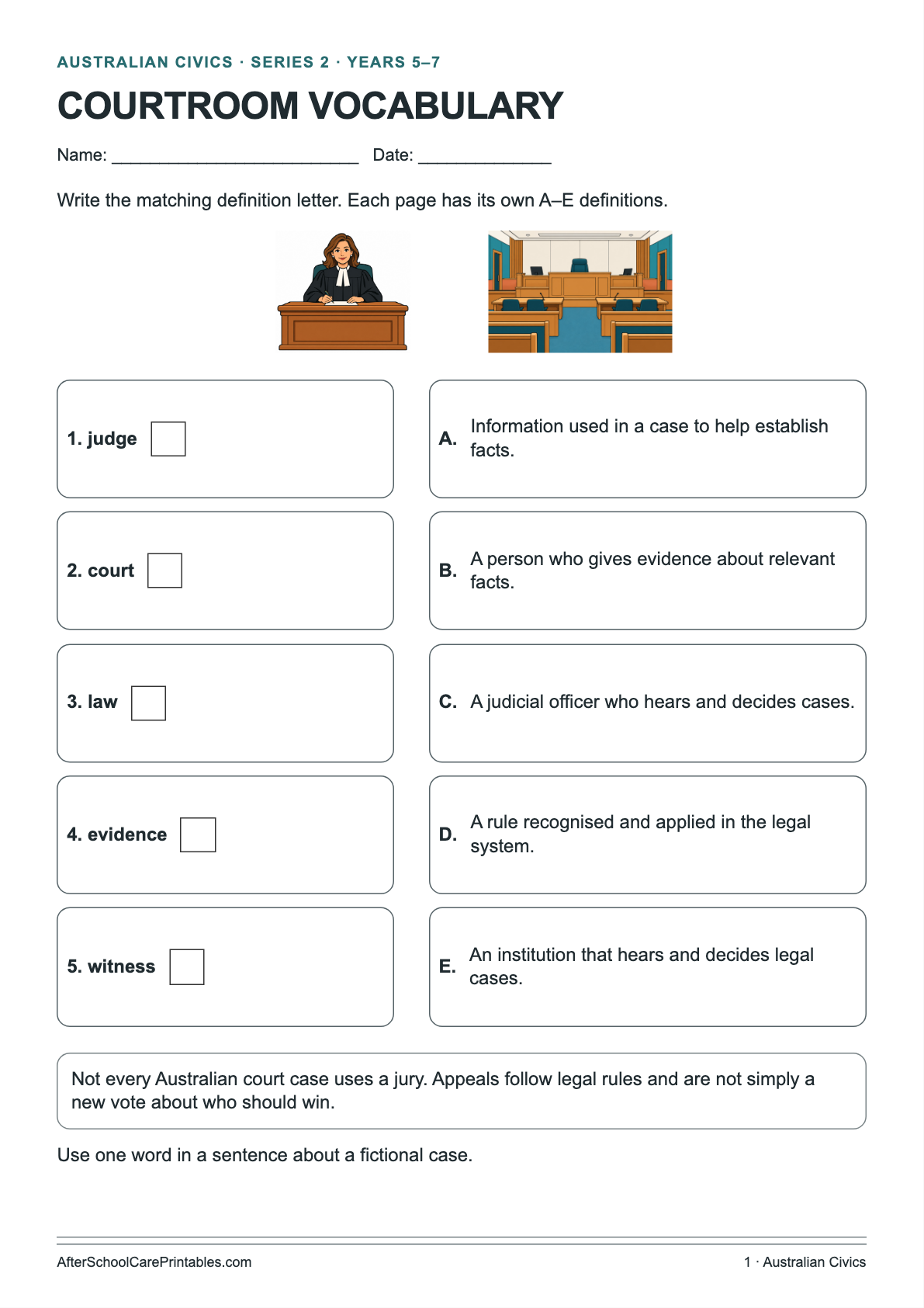 Courtroom Vocabulary printer-friendly first student page