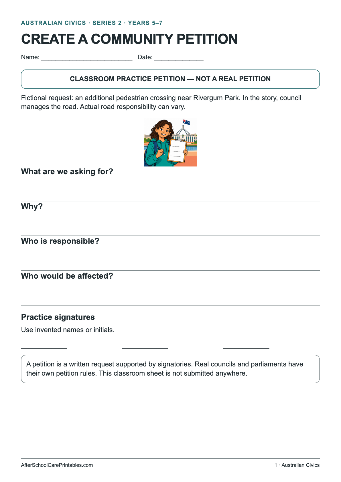 Create a Community Petition printer-friendly first student page