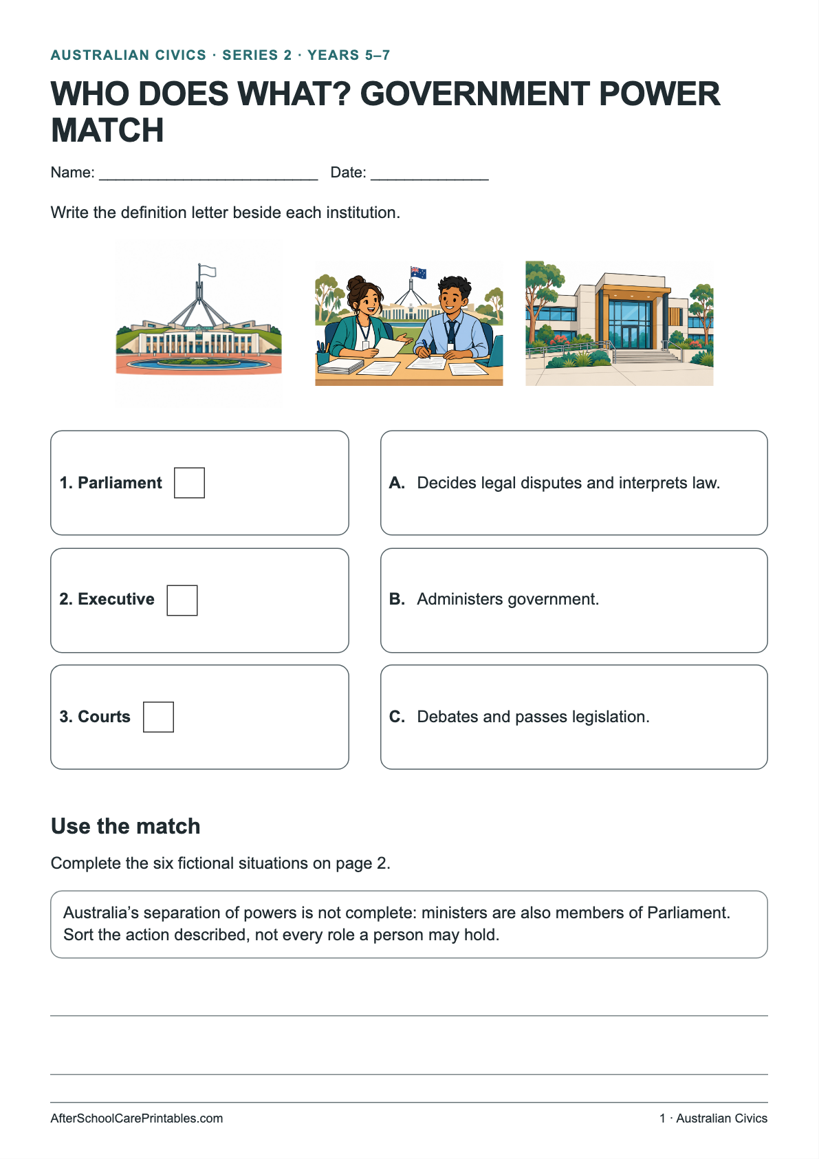 Who Does What? Government Power Match printer-friendly first student page