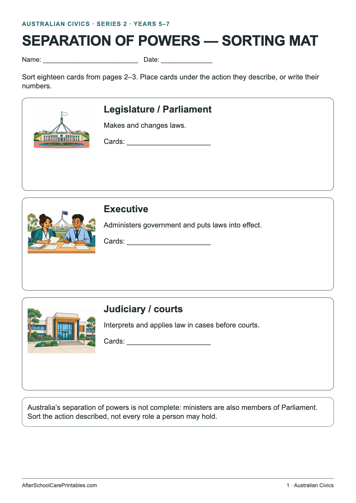 Separation of Powers Sorting Cards printer-friendly first student page