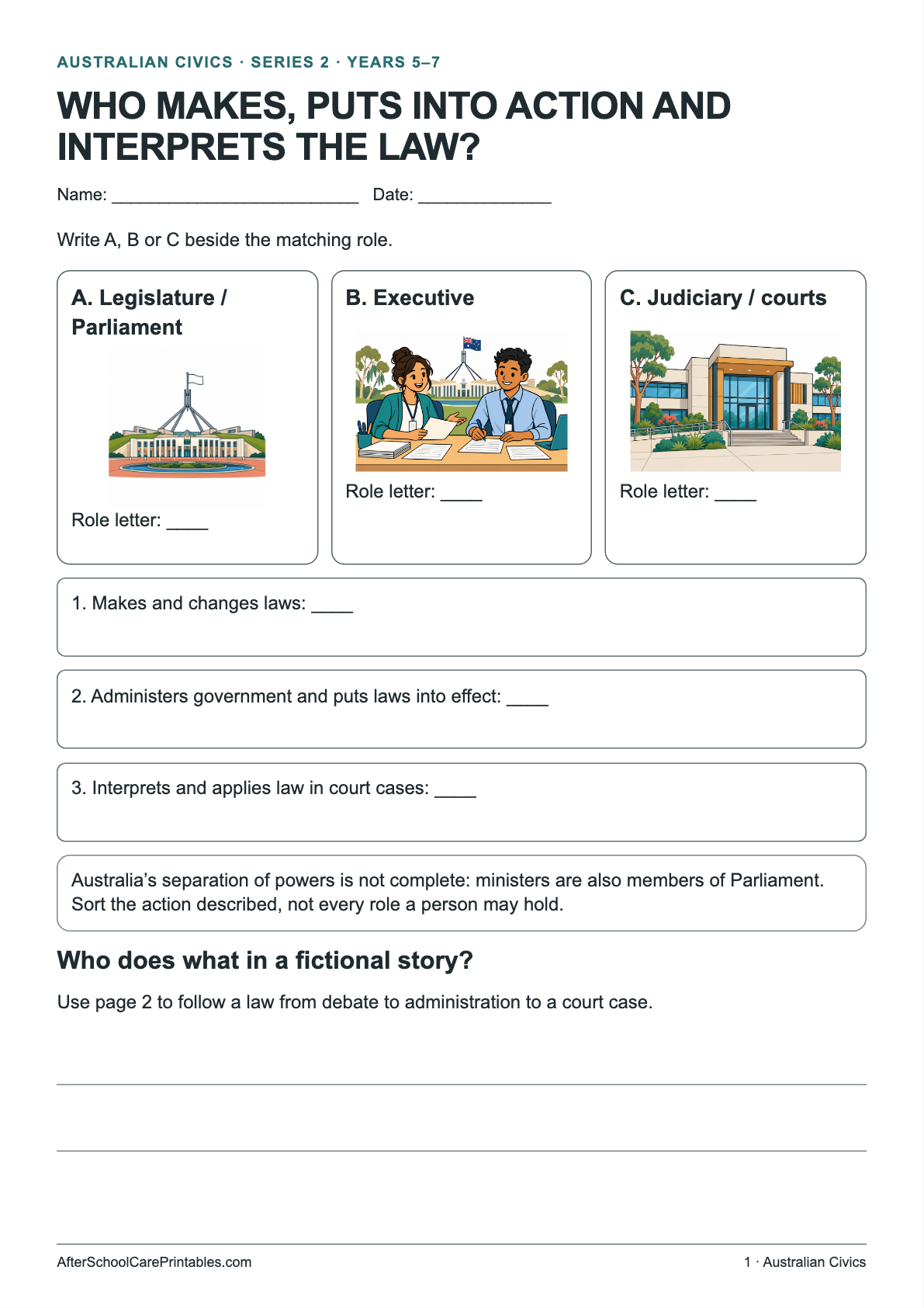 Three Branches of Government printer-friendly first student page