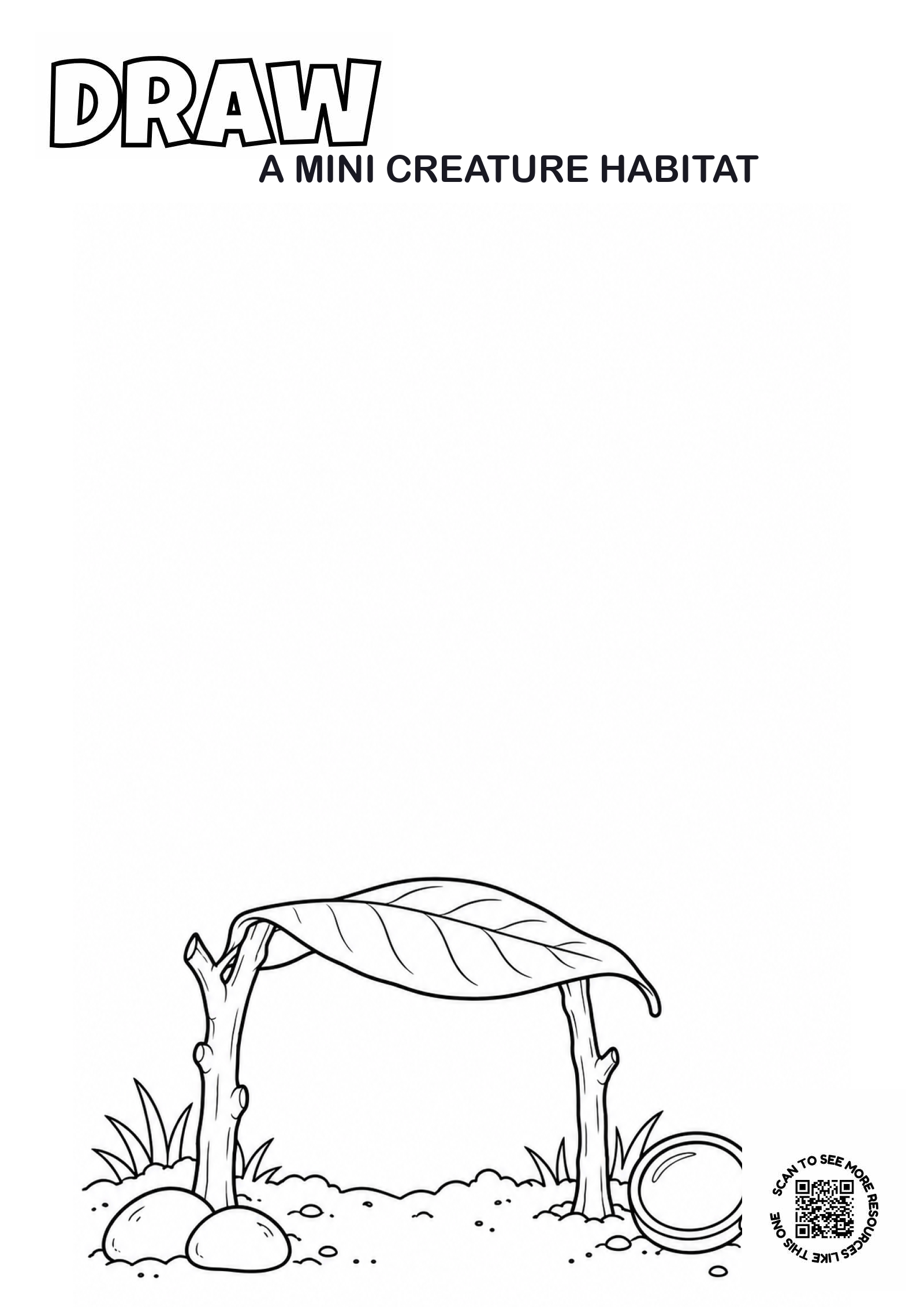 Black-and-white preview of the Draw a Mini Creature Habitat open-ended drawing worksheet