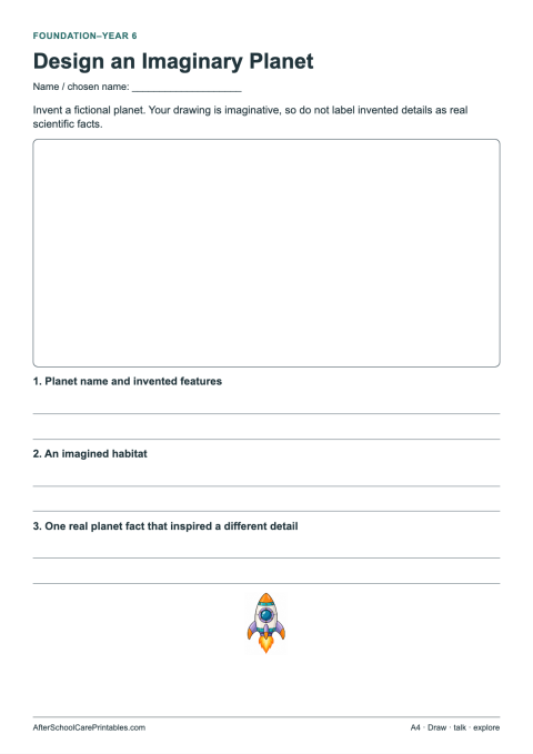 First printable page of Design an Imaginary Planet for ages 6–12