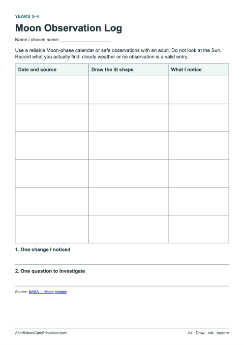 First printable page of Moon Observation Log for ages 8–12