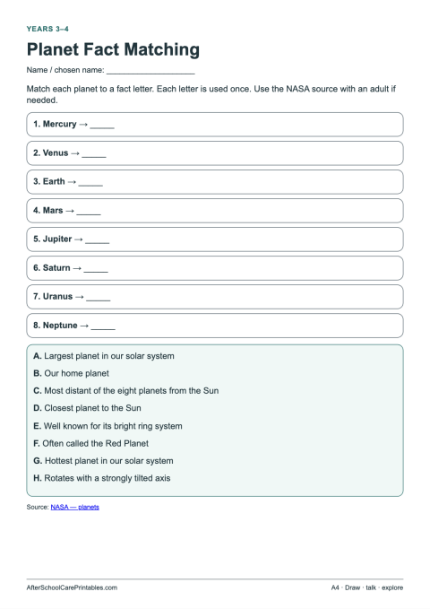 First printable page of Planet Fact Matching for ages 8–12