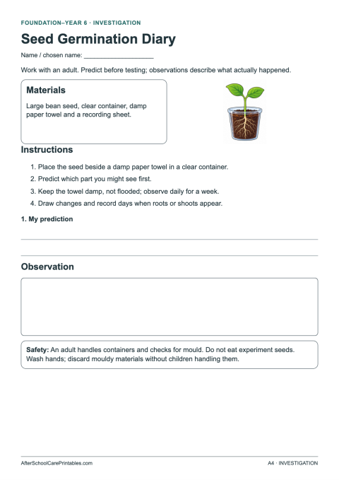 First printable page of Seed Germination Diary for ages 6–12