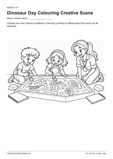 Printable preview of Dinosaur Day Colouring Creative Scene
