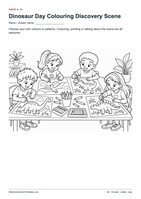 Printable preview of Dinosaur Day Colouring Discovery Scene