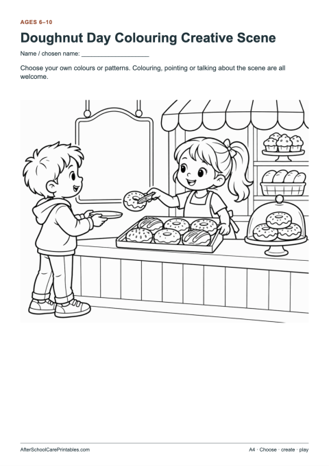 Printable preview of Doughnut Day Colouring Creative Scene