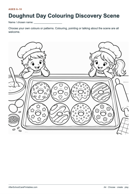 Printable preview of Doughnut Day Colouring Discovery Scene
