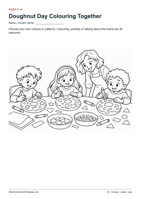 Printable preview of Doughnut Day Colouring Together