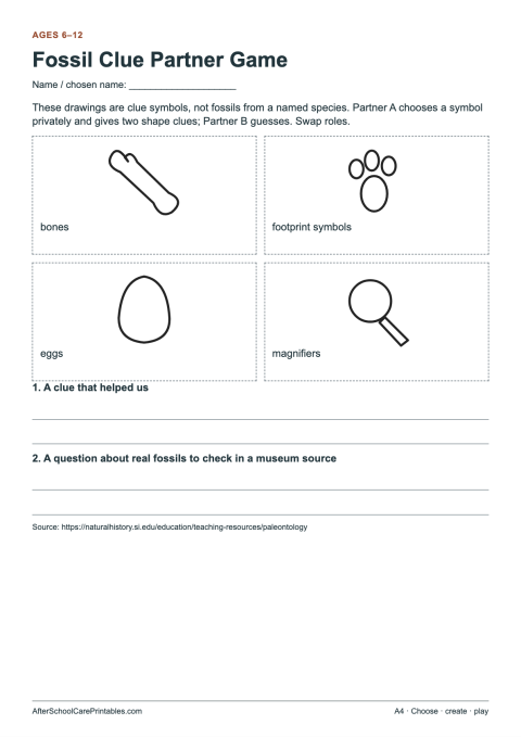 Printable preview of Fossil Clue Partner Game