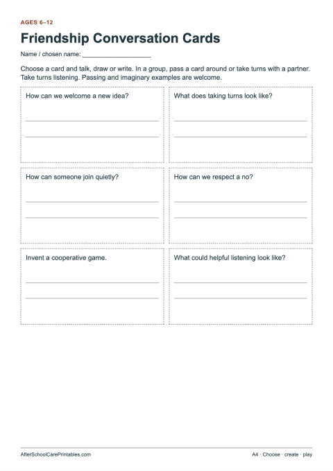 Printable preview of Friendship Conversation Cards