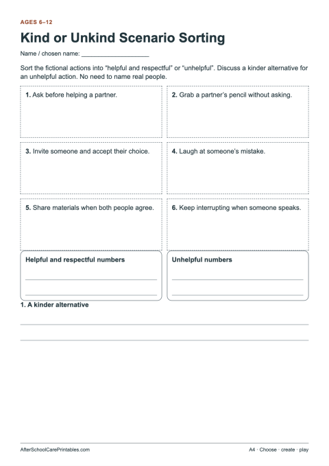 Printable preview of Kind or Unkind Scenario Sorting