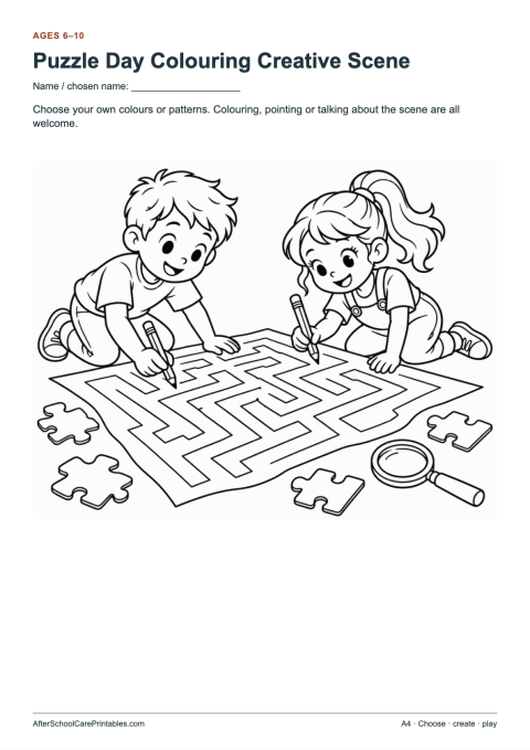 Printable preview of Puzzle Day Colouring Creative Scene