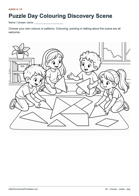 Printable preview of Puzzle Day Colouring Discovery Scene