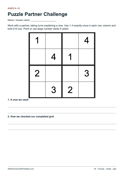 Printable preview of Puzzle Partner Challenge