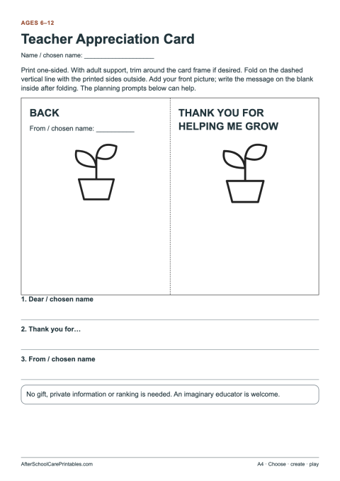 Printable preview of Teacher Appreciation Card