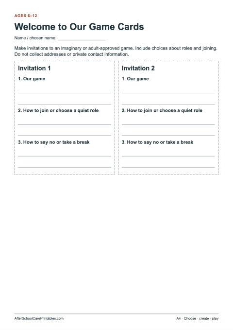 Printable preview of Welcome to Our Game Cards