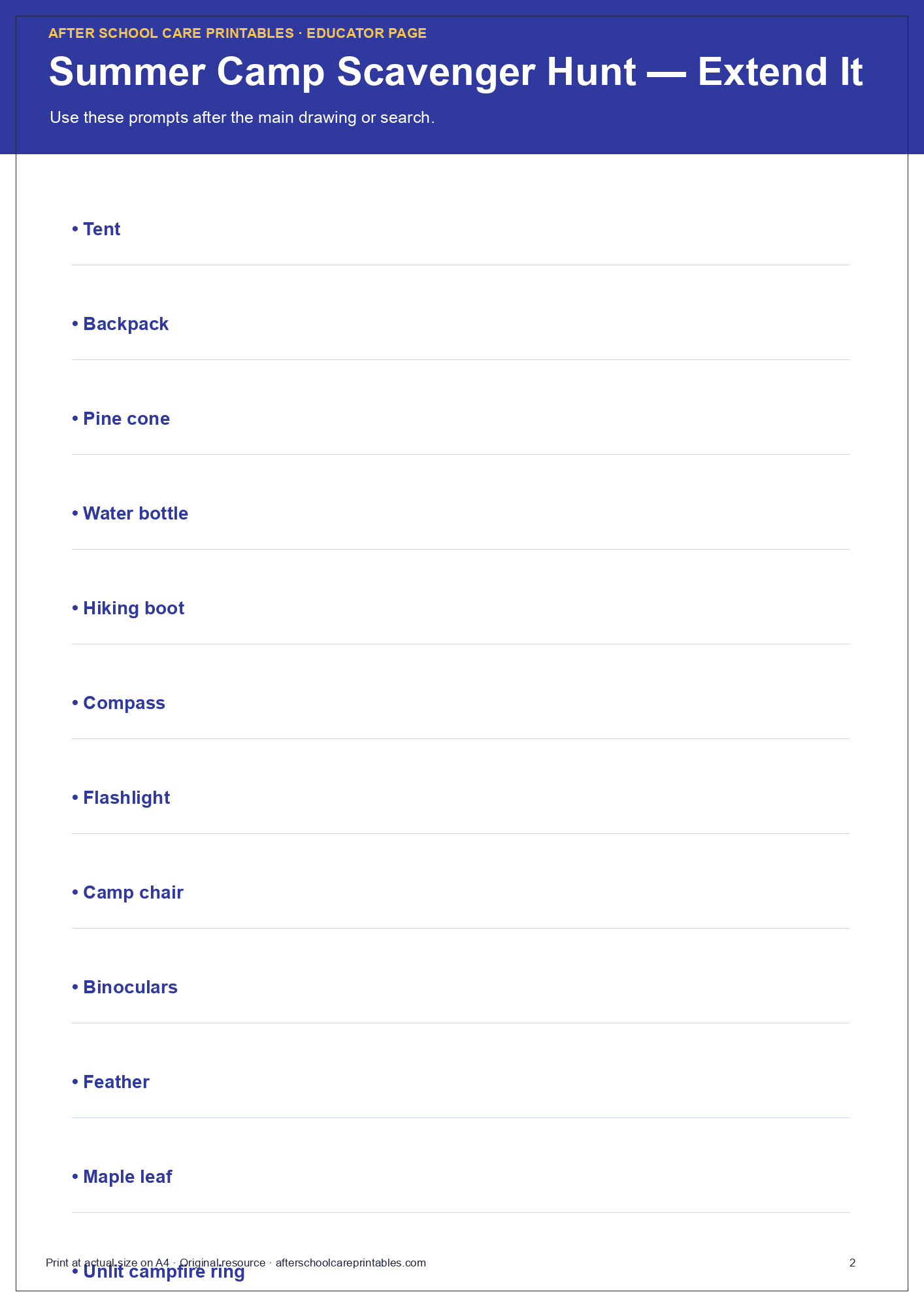 Summer Camp Scavenger Hunt checked answer page preview