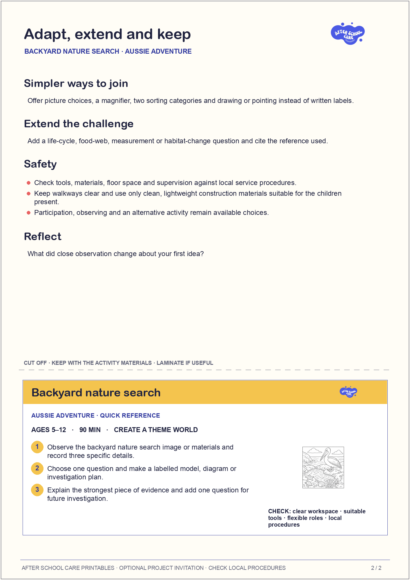 Backyard nature search – Aussie Adventure Major Activity adaptations and quick-reference card preview