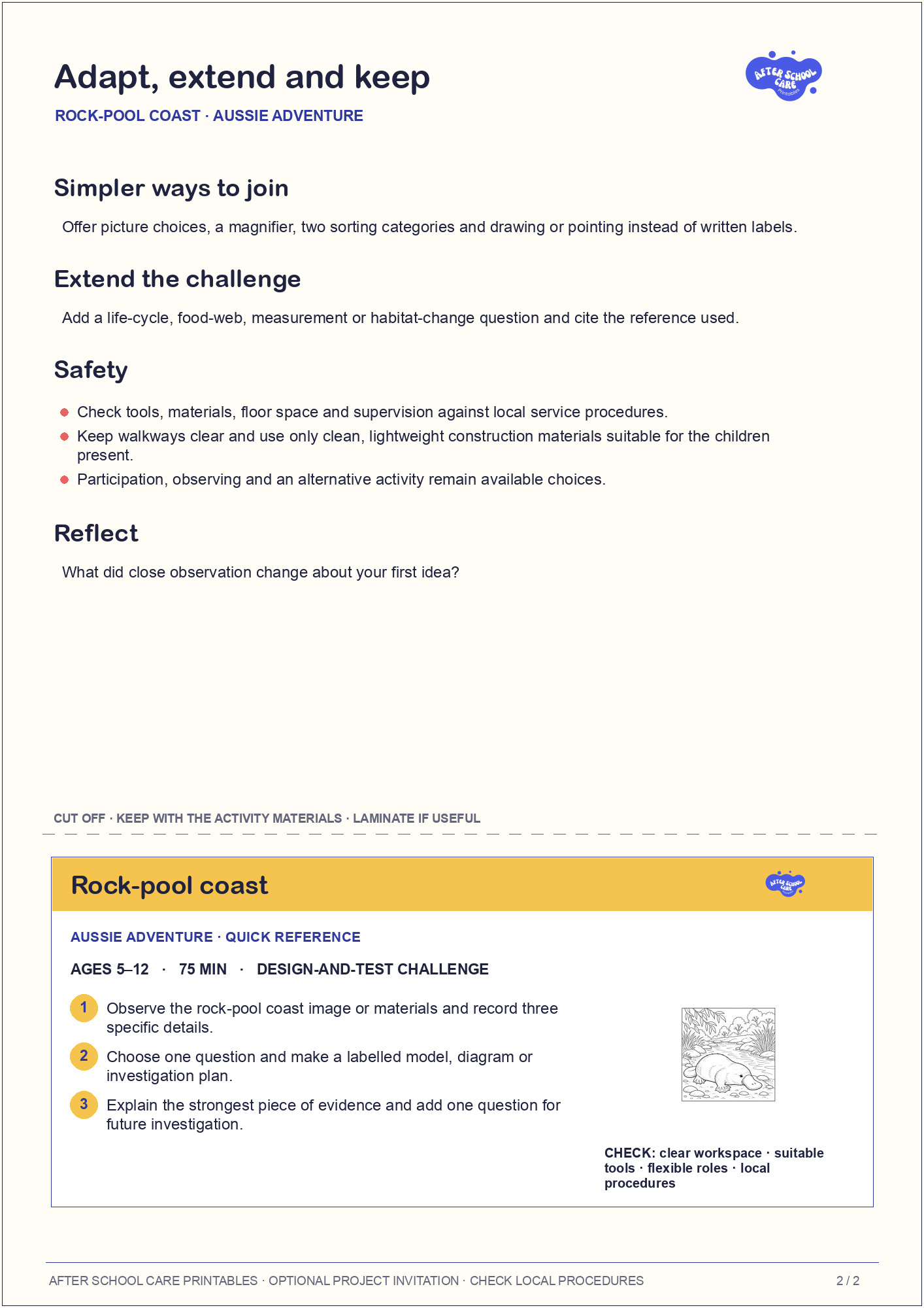 Rock-pool coast – Aussie Adventure Major Activity adaptations and quick-reference card preview